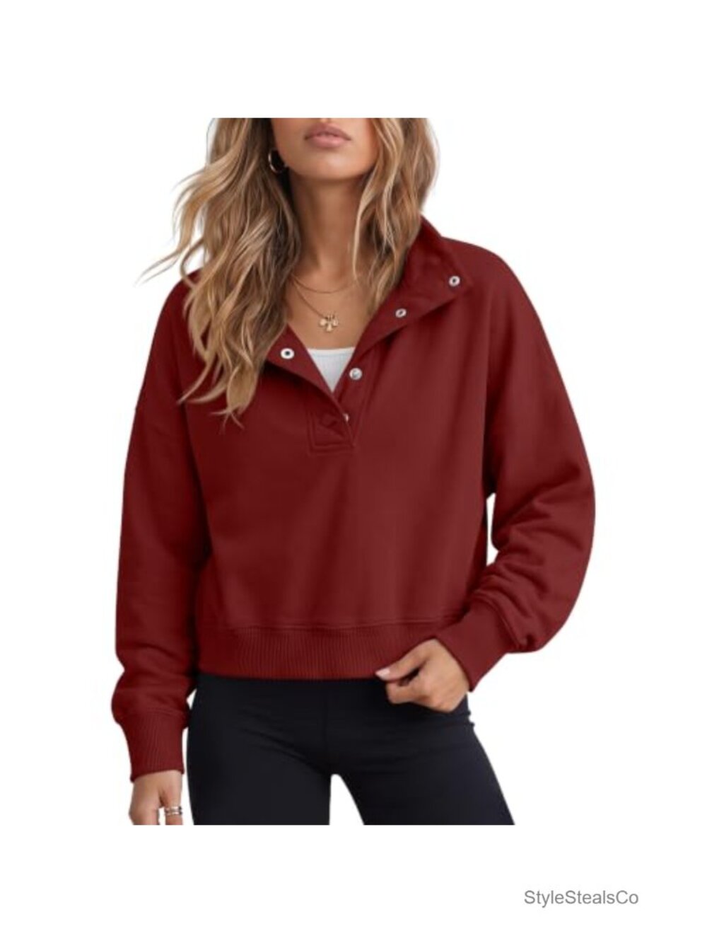 Women's Cropped Sweatshirt Oversized Stand Collar Snap Button Polyester